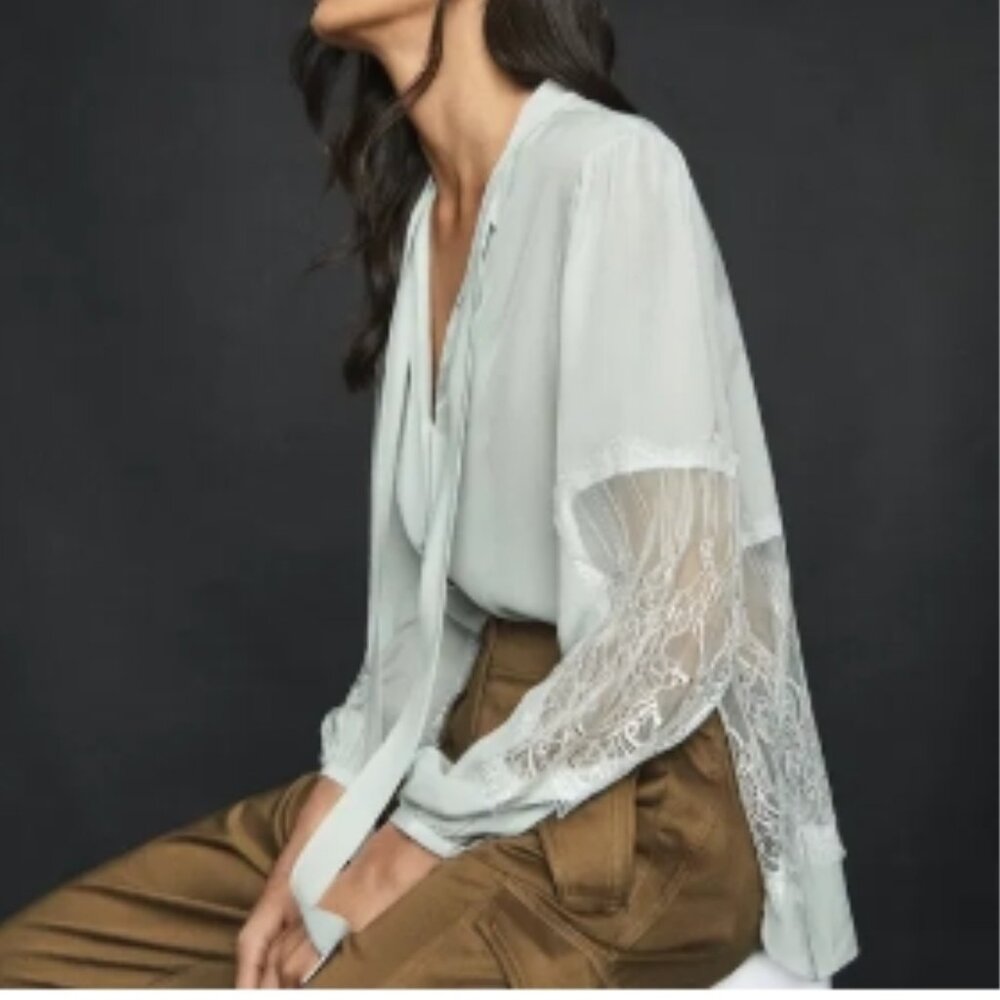 REISS Liza Lace Detailed Semi‑Sheer Tie‑Neck Blouse – Gray – Size 2 (NWT)